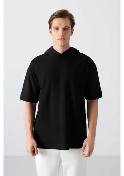Siyah Pamuklu Kalın Yüzeyi Dokulu Oversize Fit Basic Erkek T-Shirt - 88335 fırsatları