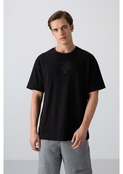 Siyah Pamuklu Kalın Yumuşak Dokulu Oversize Fit Baskılı Erkek T-Shirt - 88333
