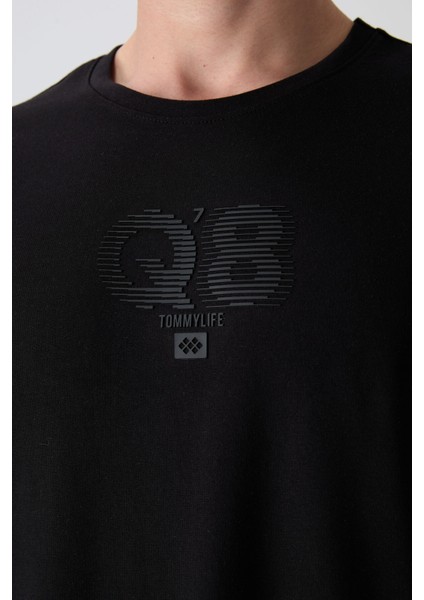 Siyah Pamuklu Kalın Yumuşak Dokulu Oversize Fit Baskılı Erkek T-Shirt - 88333 modelleri