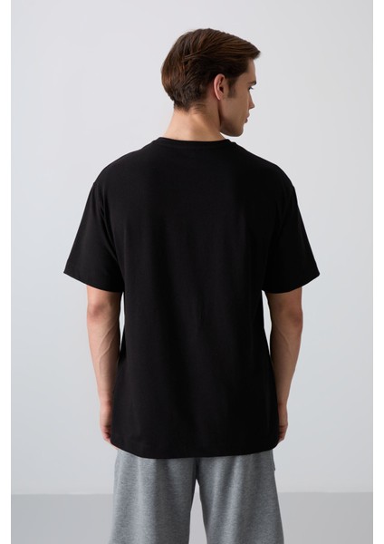 Siyah Pamuklu Kalın Yumuşak Dokulu Oversize Fit Baskılı Erkek T-Shirt - 88333 indirimleri