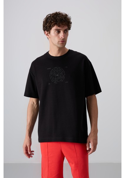 Siyah Pamuklu Kalın Yumuşak Dokulu Oversize Fit Baskılı Erkek T-Shirt - 88324