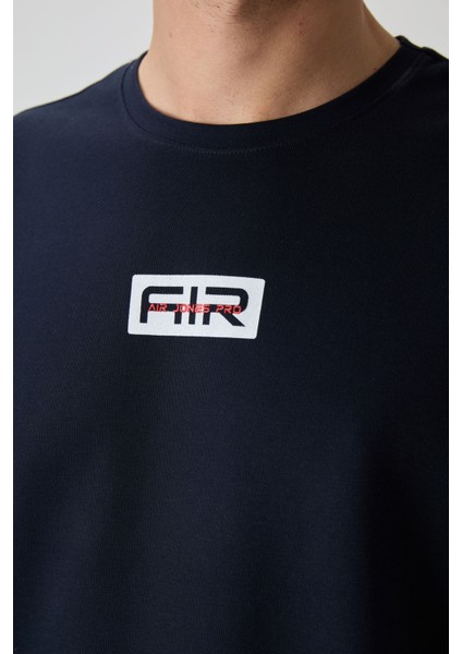 Lacivert Pamuklu Kalın Yüzeyi Dokulu Oversize Fit Baskılı Erkek T-Shirt - 88367 fiyatları