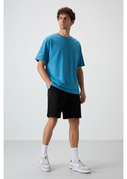 Petrol Mavi Pamuklu Kalın Yüzeyi Dokulu Oversize Fit Baskılı Erkek T-Shirt - 88369 fiyatları