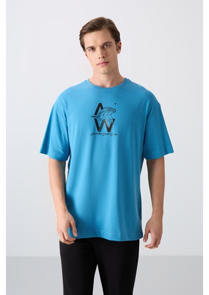 Petrol Mavi Pamuklu Kalın Yumuşak Dokulu Oversize Fit Baskılı Erkek T-Shirt - 88332