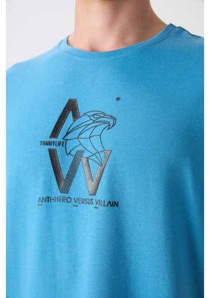 Petrol Mavi Pamuklu Kalın Yumuşak Dokulu Oversize Fit Baskılı Erkek T-Shirt - 88332 modelleri