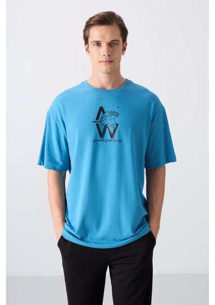 Petrol Mavi Pamuklu Kalın Yumuşak Dokulu Oversize Fit Baskılı Erkek T-Shirt - 88332 fırsatları