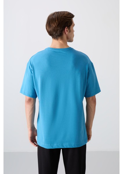Petrol Mavi Pamuklu Kalın Yumuşak Dokulu Oversize Fit Baskılı Erkek T-Shirt - 88332 indirimleri