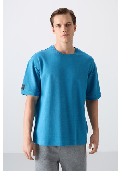 Petrol Mavi Pamuklu Kalın Yüzeyi Dokulu Oversize Fit Basic Erkek T-Shirt - 88339