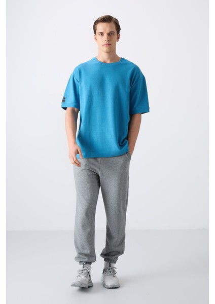 Petrol Mavi Pamuklu Kalın Yüzeyi Dokulu Oversize Fit Basic Erkek T-Shirt - 88339 modelleri