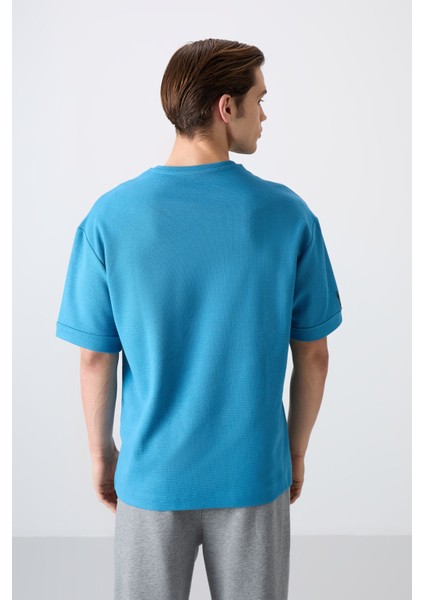 Petrol Mavi Pamuklu Kalın Yüzeyi Dokulu Oversize Fit Basic Erkek T-Shirt - 88339 indirimleri