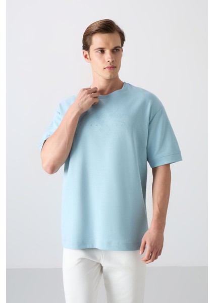 Açık Mavi Pamuklu Kalın Yumuşak Dokulu Oversize Fit Baskılı Erkek T-Shirt - 88320