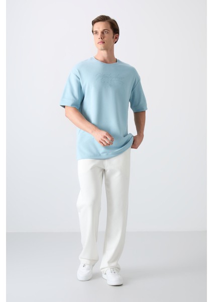 Açık Mavi Pamuklu Kalın Yumuşak Dokulu Oversize Fit Baskılı Erkek T-Shirt - 88320 fiyatları