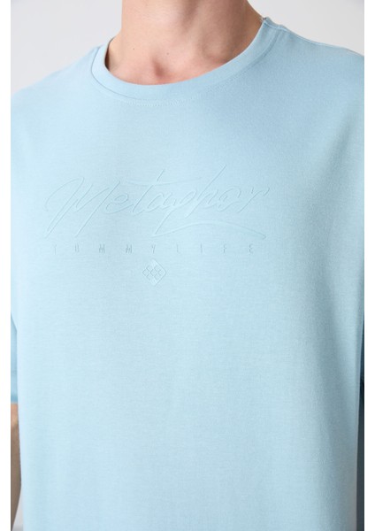 Açık Mavi Pamuklu Kalın Yumuşak Dokulu Oversize Fit Baskılı Erkek T-Shirt - 88320 modelleri
