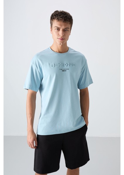 Açık Mavi Pamuklu Kalın Yumuşak Dokulu Oversize Fit Baskılı Erkek T-Shirt - 88328