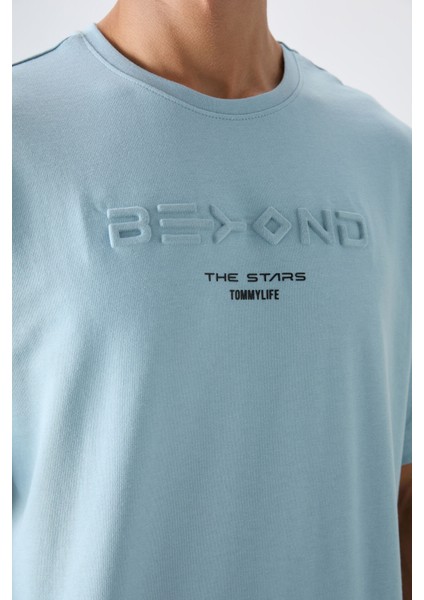 Açık Mavi Pamuklu Kalın Yumuşak Dokulu Oversize Fit Baskılı Erkek T-Shirt - 88328 modelleri
