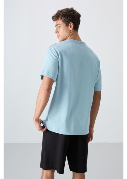 Açık Mavi Pamuklu Kalın Yumuşak Dokulu Oversize Fit Baskılı Erkek T-Shirt - 88328 indirimleri