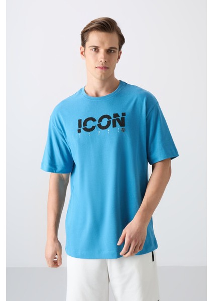 Petrol Mavi Pamuklu Kalın Yumuşak Dokulu Oversize Fit Baskılı Erkek T-Shirt - 88331