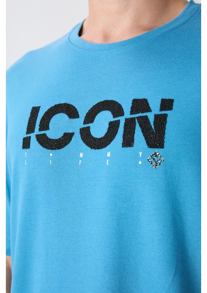 Petrol Mavi Pamuklu Kalın Yumuşak Dokulu Oversize Fit Baskılı Erkek T-Shirt - 88331 modelleri