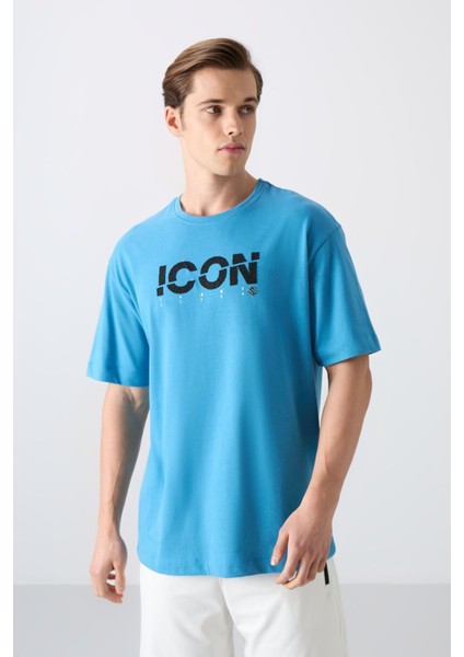 Petrol Mavi Pamuklu Kalın Yumuşak Dokulu Oversize Fit Baskılı Erkek T-Shirt - 88331 fırsatları