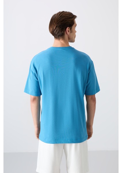 Petrol Mavi Pamuklu Kalın Yumuşak Dokulu Oversize Fit Baskılı Erkek T-Shirt - 88331 indirimleri