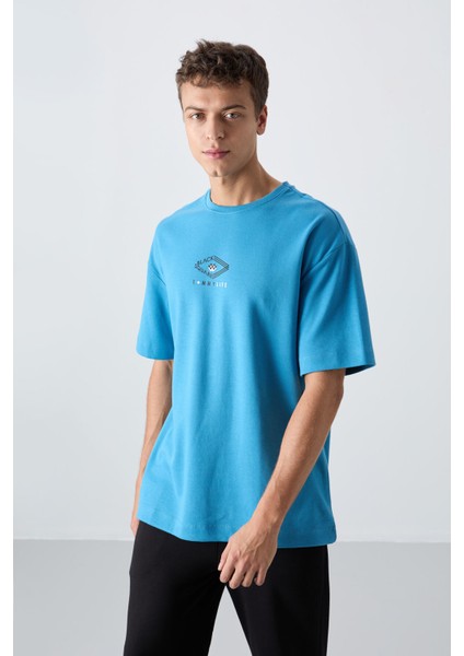 Petrol Mavi Pamuklu Kalın Yumuşak Dokulu Oversize Fit Baskılı Erkek T-Shirt - 88325