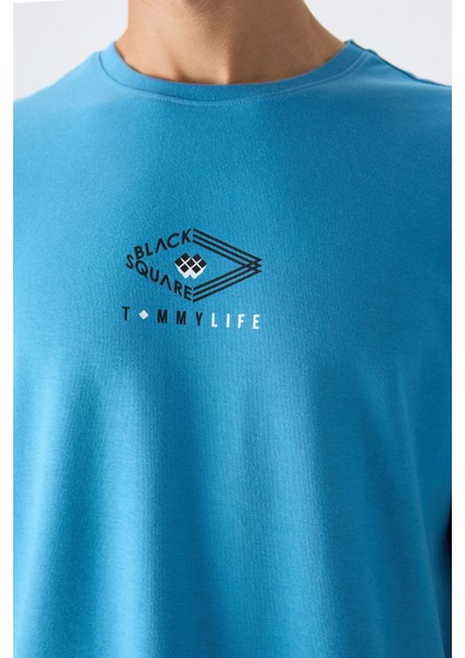 Petrol Mavi Pamuklu Kalın Yumuşak Dokulu Oversize Fit Baskılı Erkek T-Shirt - 88325 fiyatları