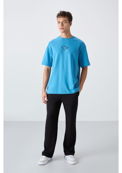 Petrol Mavi Pamuklu Kalın Yumuşak Dokulu Oversize Fit Baskılı Erkek T-Shirt - 88325 modelleri