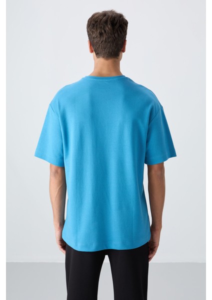 Petrol Mavi Pamuklu Kalın Yumuşak Dokulu Oversize Fit Baskılı Erkek T-Shirt - 88325 indirimleri