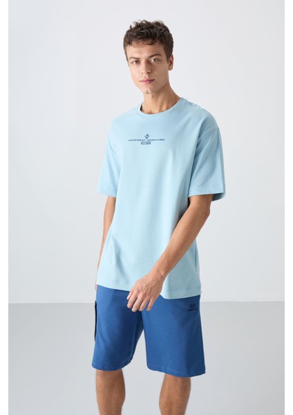 Açık Mavi Pamuklu Kalın Yumuşak Dokulu Oversize Fit Baskılı Erkek T-Shirt - 88321