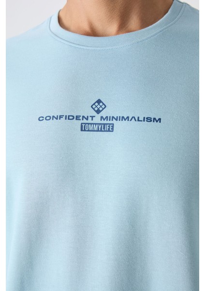 Açık Mavi Pamuklu Kalın Yumuşak Dokulu Oversize Fit Baskılı Erkek T-Shirt - 88321 fiyatları
