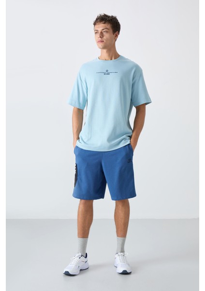 Açık Mavi Pamuklu Kalın Yumuşak Dokulu Oversize Fit Baskılı Erkek T-Shirt - 88321 modelleri