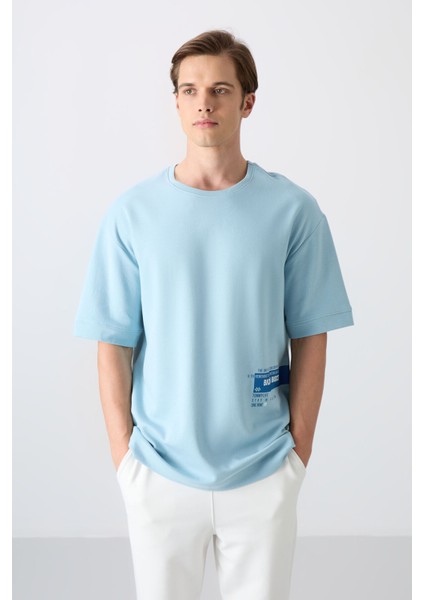 Açık Mavi Pamuklu Kalın Yumuşak Dokulu Oversize Fit Baskılı Erkek T-Shirt - 88322