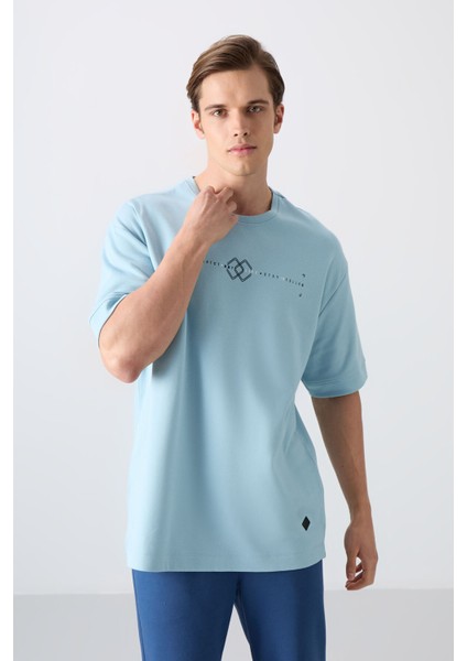 Açık Mavi Pamuklu Kalın Yumuşak Dokulu Oversize Fit Baskılı Erkek T-Shirt - 88323