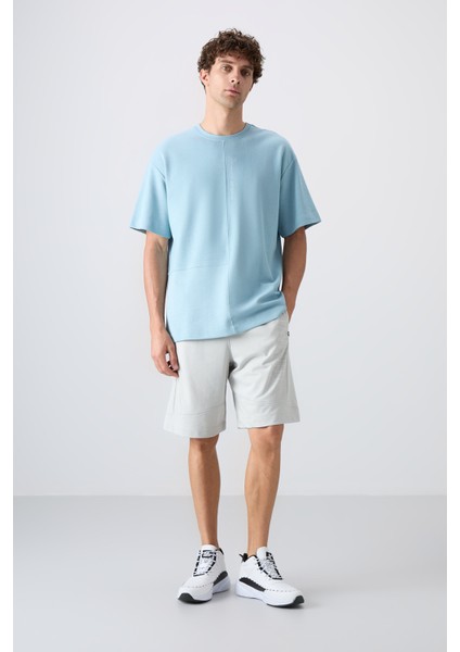Açık Mavi Pamuklu Kalın Yüzeyi Dokulu Oversize Fit Basic Erkek T-Shirt - 88337 modelleri