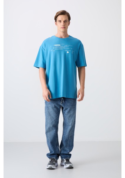 Petrol Mavi Pamuklu Kalın Yumuşak Dokulu Oversize Fit Baskılı Erkek T-Shirt - 88326 fiyatları