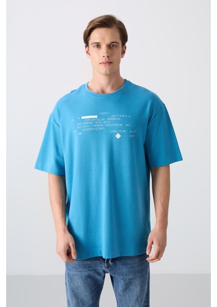 Petrol Mavi Pamuklu Kalın Yumuşak Dokulu Oversize Fit Baskılı Erkek T-Shirt - 88326 fırsatları
