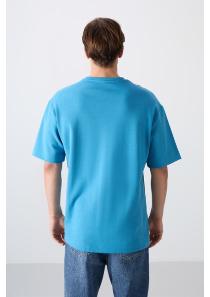 Petrol Mavi Pamuklu Kalın Yumuşak Dokulu Oversize Fit Baskılı Erkek T-Shirt - 88326 indirimleri