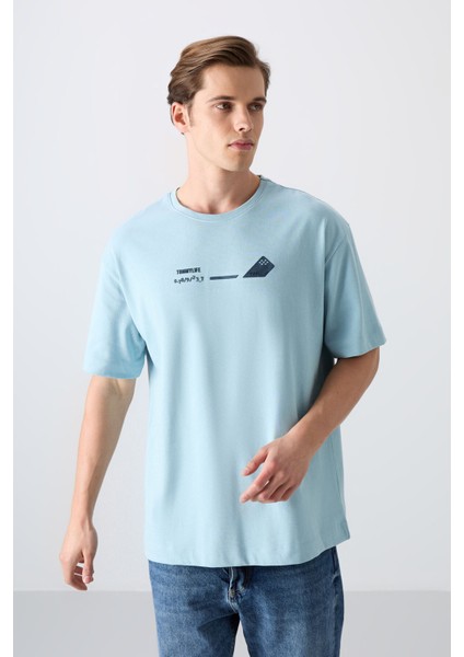 Açık Mavi Pamuklu Kalın Yumuşak Dokulu Oversize Fit Baskılı Erkek T-Shirt - 88330