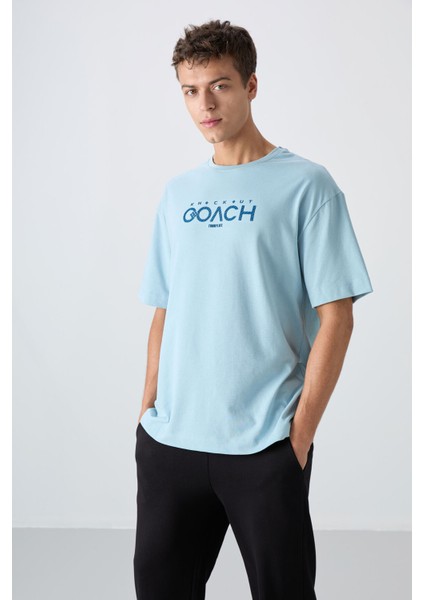 Açık Mavi Pamuklu Kalın Yumuşak Dokulu Oversize Fit Baskılı Erkek T-Shirt - 88329