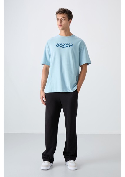 Açık Mavi Pamuklu Kalın Yumuşak Dokulu Oversize Fit Baskılı Erkek T-Shirt - 88329 fiyatları