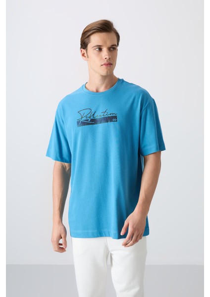 Petrol Mavi Pamuklu Kalın Yumuşak Dokulu Oversize Fit Baskılı Erkek T-Shirt - 88334