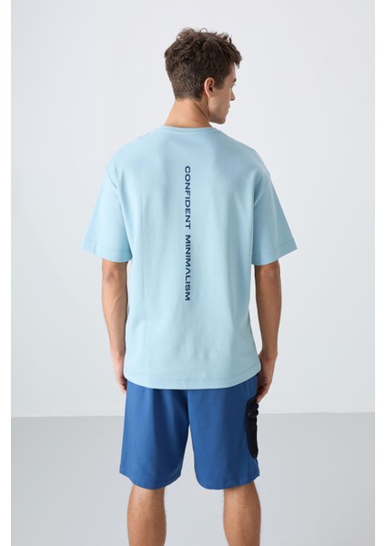Açık Mavi Pamuklu Kalın Yumuşak Dokulu Oversize Fit Baskılı Erkek T-Shirt - 88321 indirimleri