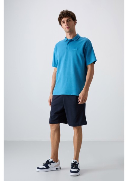 Petrol Mavi Pamuklu Kalın Yumuşak Dokulu Oversize Fit Basic Polo Yaka Erkek T-Shirt - 88327 fiyatları