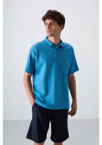 Petrol Mavi Pamuklu Kalın Yumuşak Dokulu Oversize Fit Basic Polo Yaka Erkek T-Shirt - 88327 modelleri