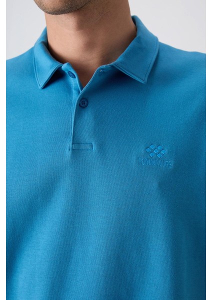 Petrol Mavi Pamuklu Kalın Yumuşak Dokulu Oversize Fit Basic Polo Yaka Erkek T-Shirt - 88327 fırsatları