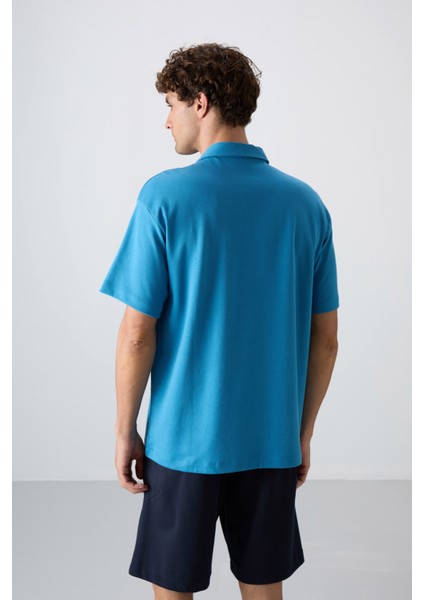 Petrol Mavi Pamuklu Kalın Yumuşak Dokulu Oversize Fit Basic Polo Yaka Erkek T-Shirt - 88327 indirimleri