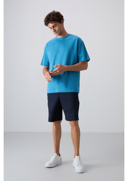 Petrol Mavi Pamuklu Kalın Yumuşak Dokulu Oversize Fit Baskılı Erkek T-Shirt - 88324 fiyatları