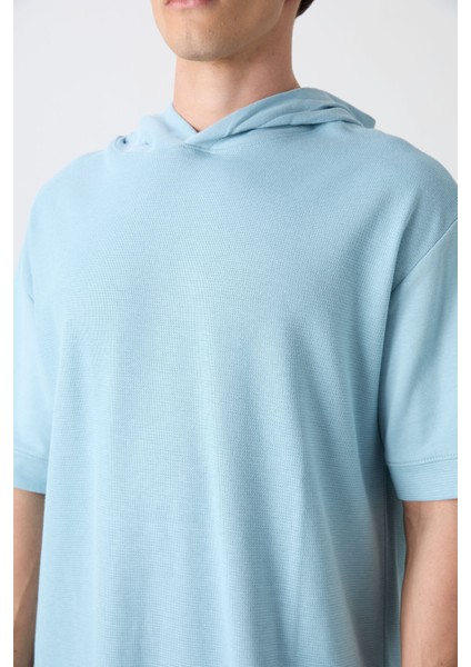 Açık Mavi Pamuklu Kalın Yüzeyi Dokulu Oversize Fit Basic Erkek T-Shirt - 88335 modelleri