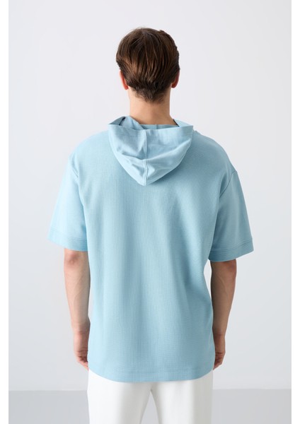 Açık Mavi Pamuklu Kalın Yüzeyi Dokulu Oversize Fit Basic Erkek T-Shirt - 88335 indirimleri