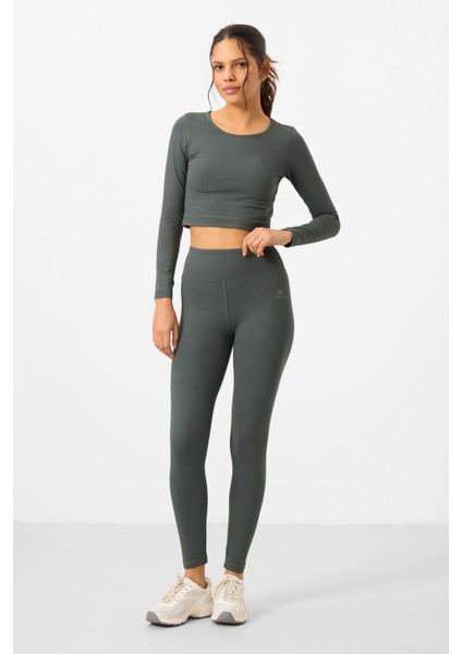 Çağla Yüksek Bel Uzun Kollu Slim Fit Crop Top Kadın Tayt Takım - 95286 modelleri